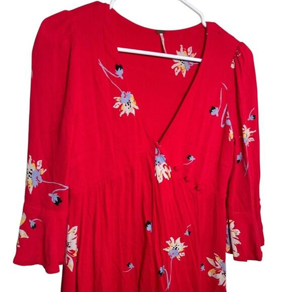 Free People Wrap Dress Women's XS Red Floral Mini Boho Casual V-Neck Button - Picture 2 of 10